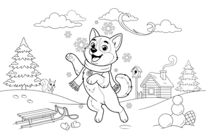 Husky catching snowflakes in a blizzard – Husky Dog Playtime coloring page