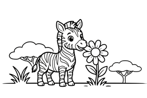 A cute zebra foal with a flower – Galloping Zebra Wild coloring page