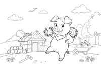 A pig building a straw house, carrying a bundle of straw – The Three Little Pigs Story coloring page