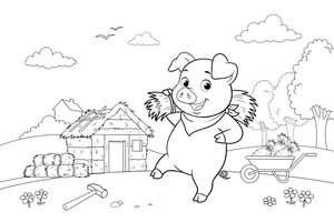 A pig building a straw house, carrying a bundle of straw – The Three Little Pigs Story coloring page