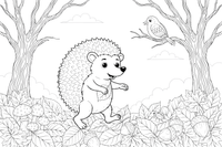 A hedgehog walking through a pile of fallen autumn leaves – Hedgehog coloring page