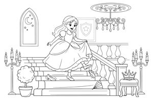 A girl in a ball gown losing a glass slipper on the stairs – Fairytale Stories coloring page