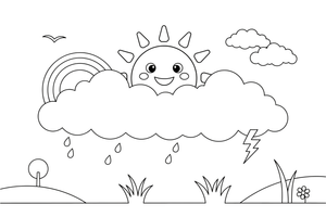 A sun peeking out from behind a cloud – Stormy Sky & Weather coloring page