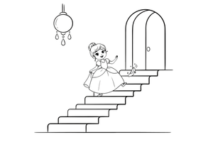 A girl in a ball gown losing a glass slipper on the stairs – Fairytale Stories coloring page
