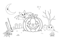 A bat flying past a smiling pumpkin – Halloween Bat coloring page