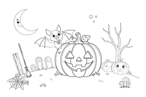 A bat flying past a smiling pumpkin – Halloween Bat coloring page