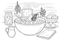 A bowl of cold soup with a half of a boiled egg and a sprig of dill on top, a small plate of potatoes beside it – Traditional Lithuanian Food coloring page
