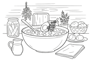 A bowl of cold soup with a half of a boiled egg and a sprig of dill on top, a small plate of potatoes beside it – Traditional Lithuanian Food coloring page
