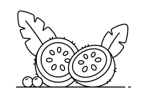 A kiwi sliced in half with big simple seeds around the center – Tropical Fruits coloring page