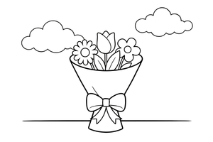 A wrapped bouquet with a big bow, ready to give – Spring Bouquet Flower coloring page