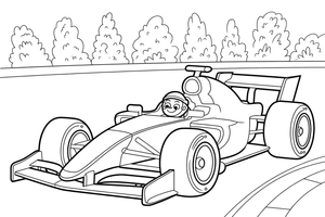 Formula 1 with a twisting steering wheel – Formula 1 Competition Scenes coloring page