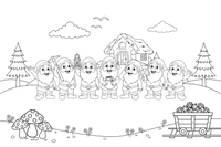 Seven cheerful little dwarfs with beards standing in a row – Snow White Story coloring page