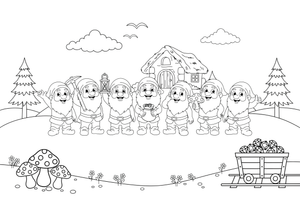 Seven cheerful little dwarfs with beards standing in a row – Snow White Story coloring page