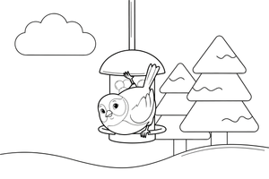 A tit hanging on a bird feeder in winter – Lithuanian Bird Collection coloring page