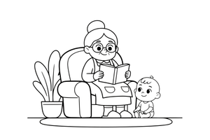 A kind grandma with glasses and a bun – Cherished Grandparent Family coloring page