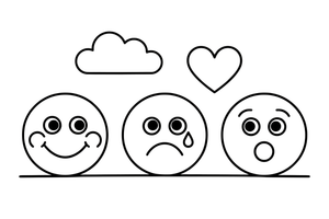 A row of faces showing happy, sad and surprised – Feelings coloring page