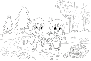 The two children dropping little breadcrumbs along the path – Hansel and Gretel Story coloring page