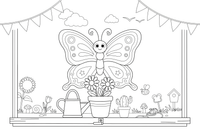 Butterfly resting on a windowsill flower pot – Butterfly In Floral Scenes coloring page