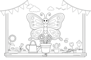 Butterfly resting on a windowsill flower pot – Butterfly In Floral Scenes coloring page