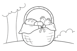 One big basket full of bread and treats with a cloth on top, close up – Little Red Riding Hood Story coloring page