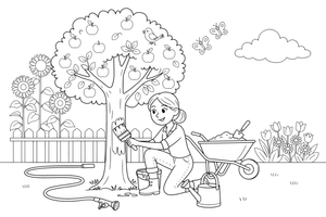 A woman painting the trunk of an apple tree white up to a certain height (whitewashing) – Garden & Gardening coloring page