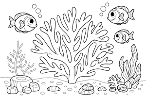 One big coral branch up close, filling the page, with two round fish beside it – Magical Underwater World coloring page