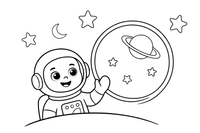 An astronaut looking out of a round spaceship window at the stars and planets – Astronaut Explorer coloring page
