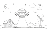 A UFO beaming a light down onto a field – Space Tech Spaceship coloring page