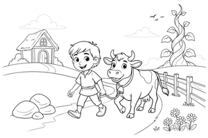 Jack leading his cow along the road to market – Jack and the Beanstalk Story coloring page