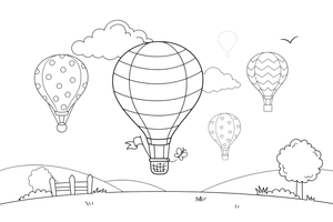 Several hot air balloons floating together – Colorful Hot Air Balloon coloring page