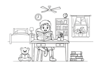 A child reading and learning at a little desk – Daily Routine Activities coloring page