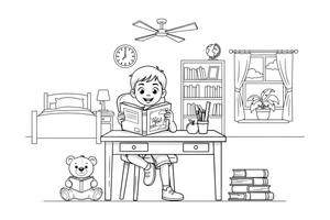 A child reading and learning at a little desk – Daily Routine Activities coloring page