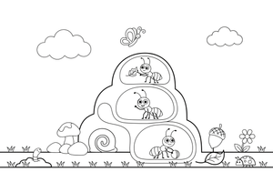 Ants living inside an anthill with tunnels – Animal Homes coloring page