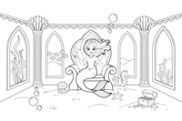 A beautiful mermaid queen sitting in a palace made of amber under the sea – Lietuviškos pasakos coloring page