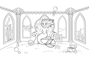 A beautiful mermaid queen sitting in a palace made of amber under the sea – Lietuviškos pasakos coloring page