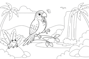 A parrot on a branch by a waterfall – Parrot Bird coloring page