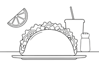 One big taco filled with lettuce and toppings, close up – World Food Delights coloring page