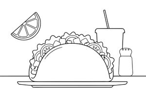 One big taco filled with lettuce and toppings, close up – World Food Delights coloring page
