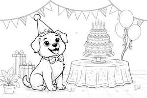 A puppy wearing a party hat next to a cake – Birthday Cake Wishes coloring page