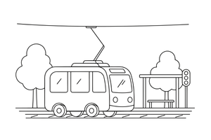 A tram stopping at a tram stop – Rail Rail coloring page