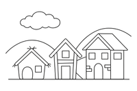 The three houses side by side: straw, sticks and brick – The Three Little Pigs Story coloring page