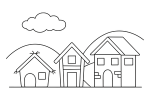 The three houses side by side: straw, sticks and brick – The Three Little Pigs Story coloring page