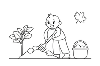 A person digging potatoes out of the ground with a garden fork – Autumn Harvest coloring page
