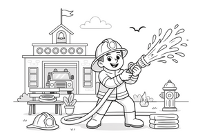 A firefighter spraying water with a hose – Fire Station coloring page