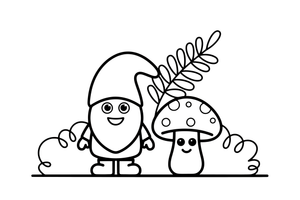 Gnome standing next to a spotted mushroom – Mushroom Garden coloring page