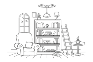 A tall bookshelf full of books – Cozy Library Place coloring page