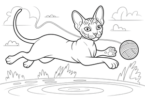 Sphynx leaping with a ball of yarn – Sphynx Cat in Motion coloring page