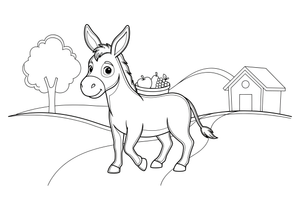 A donkey carrying two baskets on its back along a path – Playful Farm Animal coloring page
