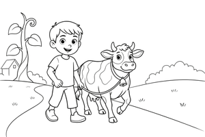 Jack leading his cow along the road to market – Jack and the Beanstalk Story coloring page