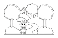 The girl walking along a winding path through tall trees – Little Red Riding Hood Story coloring page